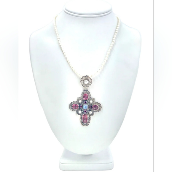 Nicky Butler Sterling Silver Pink Quartz Rhodolite Cross Pendant Pearl Necklace - Picture 13 of 16